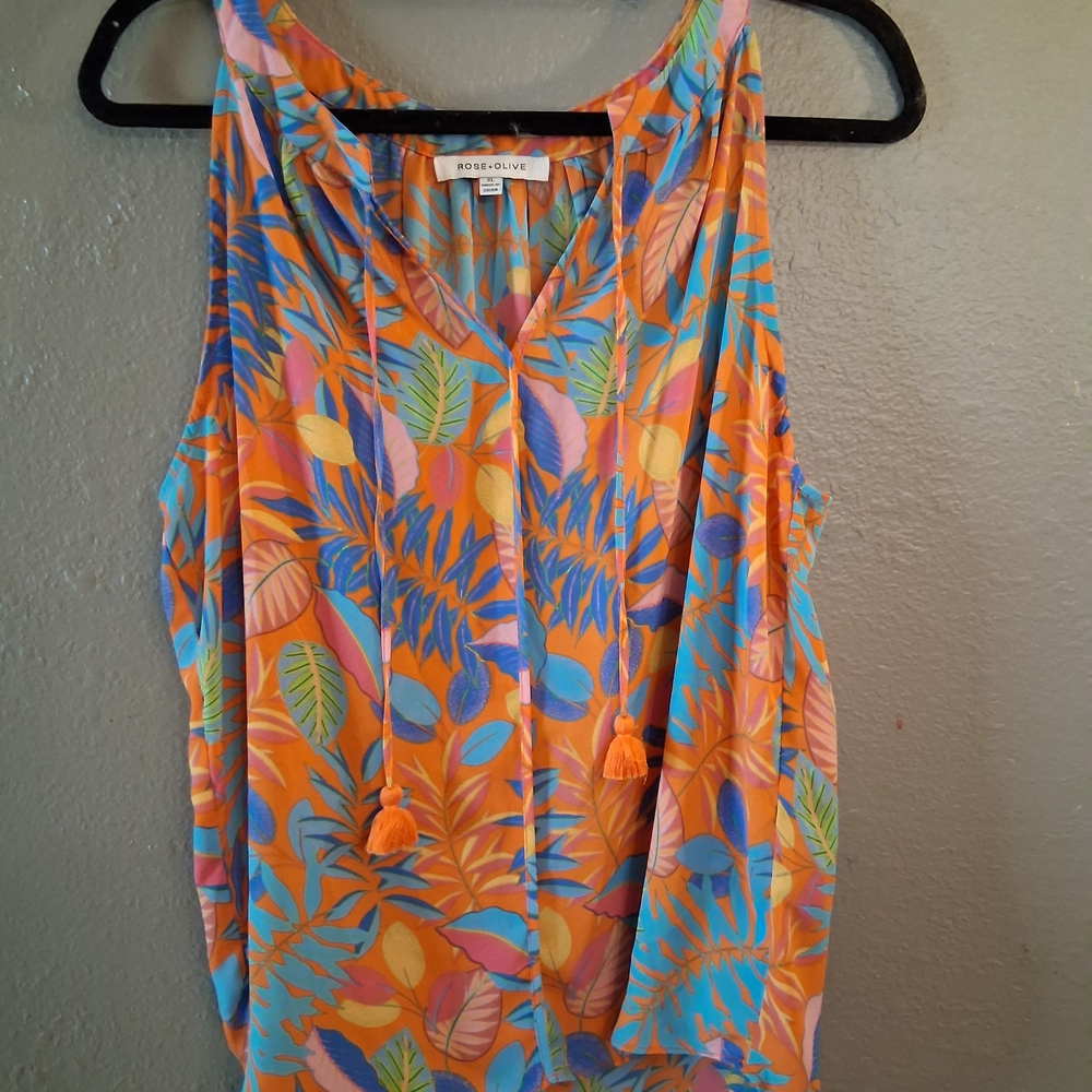 Rose & Olive Women's Colorful Tropical Sheer Sleeveless Top Size XL